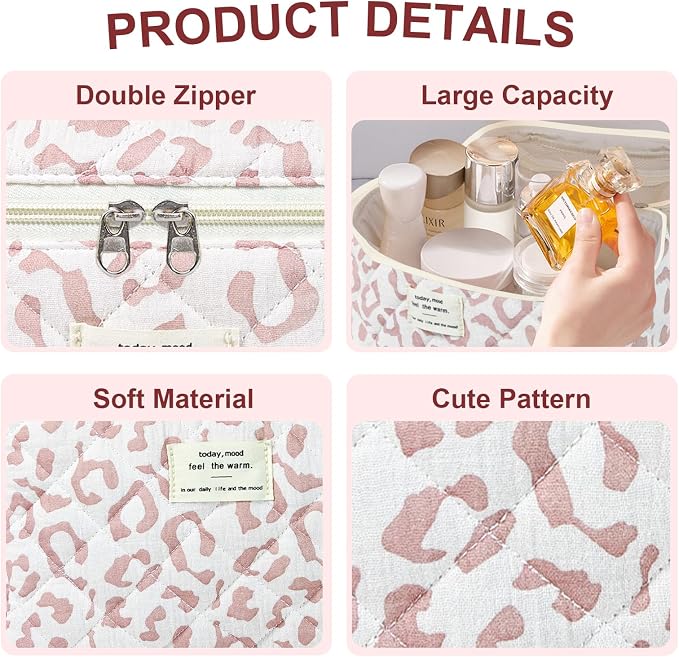 GISMTR 3Pcs Makeup Bag Cotton Quilted Travel Cosmetic Bag Cute Floral Makeup Pouch Large Toiletry Bag for Women Girls