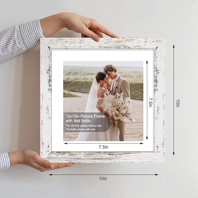 Hongkee 10x10 Picture Frame Set of 4, Made of Glass and Multicolour Wooden Frame, 10 by 10 Photo for Wall or Tabletop - Display Picture 8x8 with Mat or 10x10 Without Mat