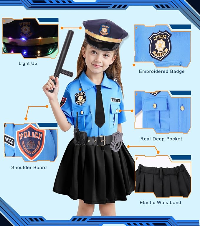 Meland Police Officer Costume for Girls - Halloween Dress Up for Girl Age 3-12, Role Play Outfit for Halloween Career Day