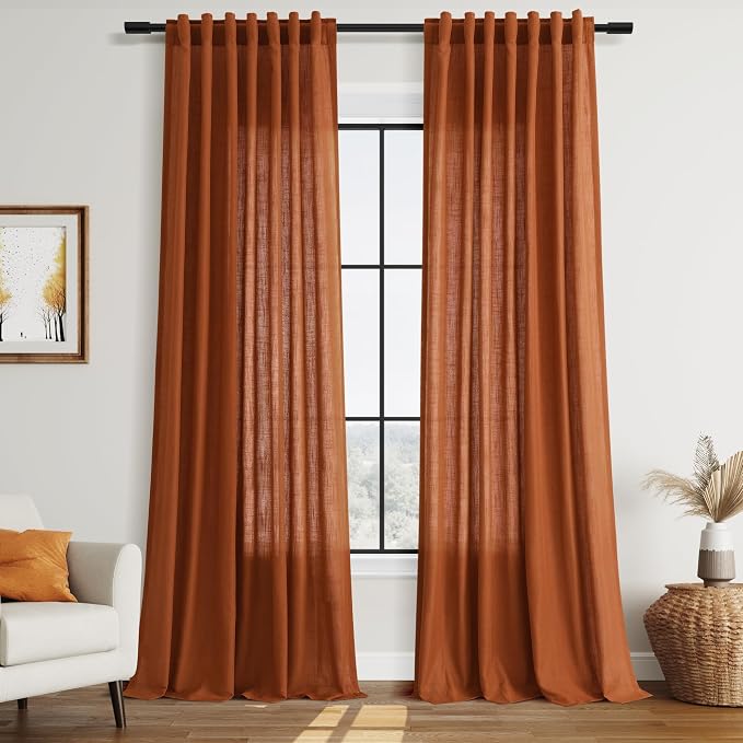 Nanspring Rust Linen Curtains for Living Room 90 Inches Long Light Filtering Semi Sheer Curtain Back Tab and Rod Pocket Vintage Rustic Luxury Home Decor Drapes for Bedroom Office 52x90, 2 Panels