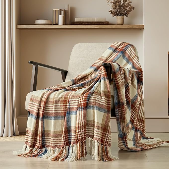 Plaid Chenille Fall Throw Blanket, 50"x60", Harvest Plaid | Super Soft Knit Throw with Tassels, Cozy, Decorative Rustic Farmhouse Decor for Autumn, Ideal for Couch Bed Sofa Gift