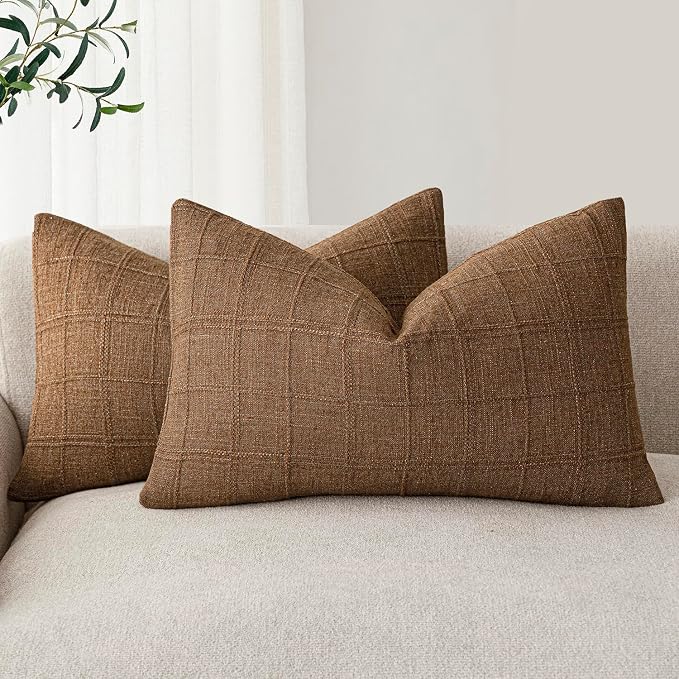 Foindtower Set of 2 Decorative Linen Check Throw Pillow Covers Neutral Farmhouse Lumbar Cushion Covers Modern Boho Home Decor for Sofa Chair Couch Bedroom Living Room,12×24 Inch,Brown Hazel