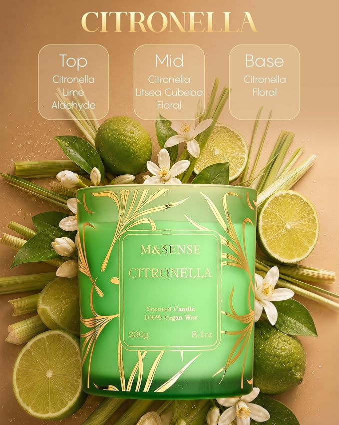 M&SENSE Citronella Soy Candle, 8.1oz Gilded Glass, Outdoor Summer Refresh | 42H Slow Burn, Crisp Citronella, Non-Toxic, Phthalate Free, Warmer Safe, Reusable Patio Glass