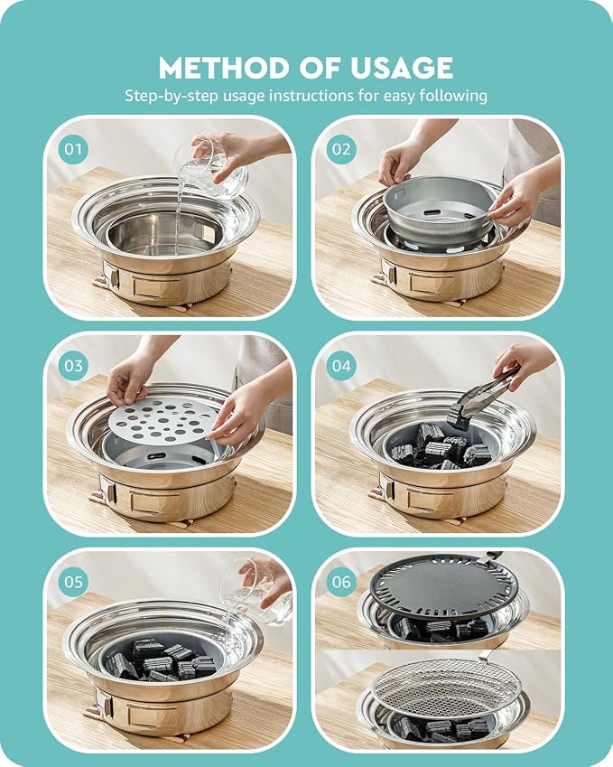 Baffect Korean Charcoal Grill For Indoor BBQ Cooking & Outdoor Camping | Include Portable Grill Body, Non-Stick Barbecue Grill Pan, Grill Net, Charcoal Holder, Charcoal Ash Bowl, Hot-Prevent Handle