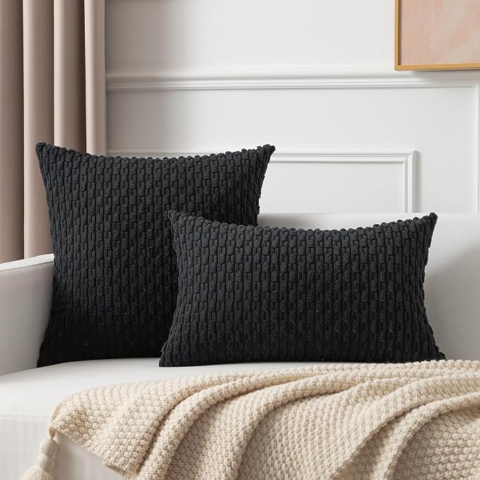 Kevin Textile Soft Corduroy 12"x24" Lumbar Pillow Cover 1 Pack, Black | Boho Stripe Plush Corduroy Decorative Oblong Cushion Cover Modern Farmhouse Home Decor for Sofa Couch Bed Chair