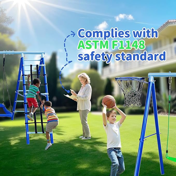 JYGOPLA 5-in-1 Metal Swing Sets for Backyard, Heavy Duty Outdoor Playground for Kids with 43" Platform Swing, Belt Seat, Climbing Rope Ladder, Rigid Ladder & Basketball Hoop