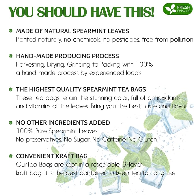 FreshDrinkUS, Premium 135 Spearmint Tea Bags, 100% Natural & Pure from Spearmint Leaves. Loose Leaf Spearmint Herbal Tea. Made with Natural Material Tea Bags. No Sugar, No Caffeine, No Gluten, Vegan.