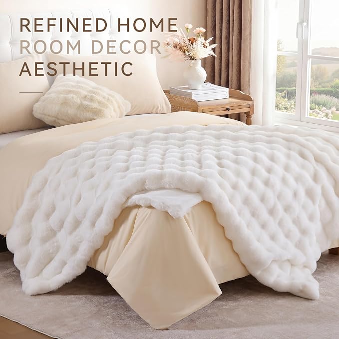 Faux Rabbit Fur Throw for Couch - Cream White Bubble Blanket 60"x80" | Fluffy Plush Fuzzy Throw for Sofa & Bed, Super Soft Cozy Comfrt Blanket, Luxury Aesthetic White Decor Gift for Women