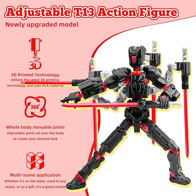 Assembly Completed T13 Action Figure，T13 mision 13 figuras originales 3D Printed Toys Nova 13 Action Figures Desktop Decorations for Game Lovers Toy (Black Red, 5.5 Inch)