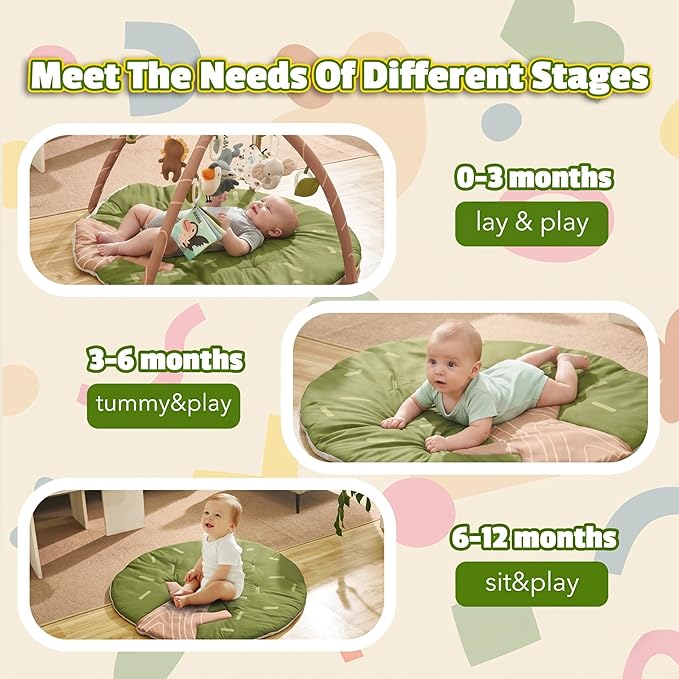 Baby Play Gym and Activity Mat for Newborn 0-6-12 Months | Extra Large Tummy Time Mat with 8 Removable Sensory Toys | Infant Play Mat for Boys & Girls | Jungle Safari Nursery Decor – 35" x 37"
