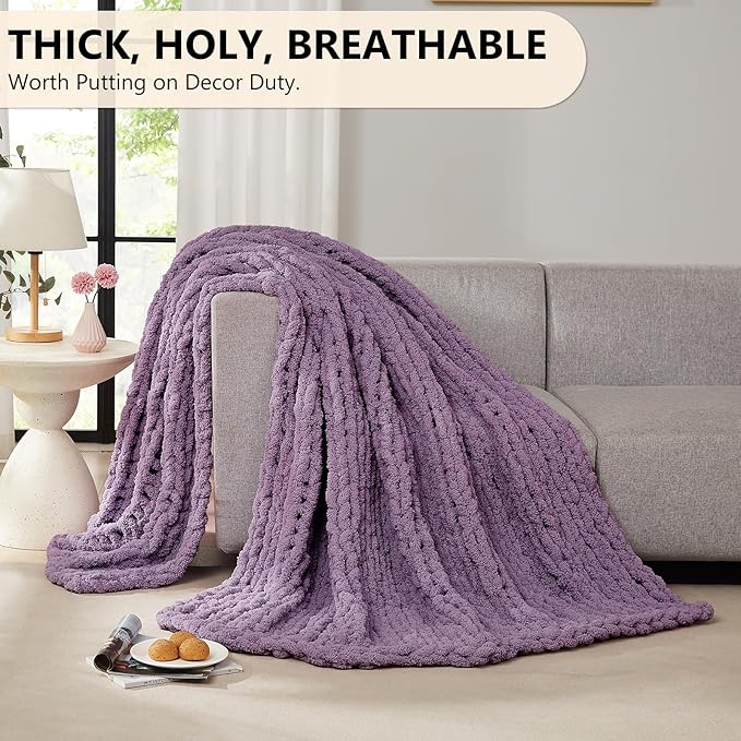 L'AGRATY Chunky Knit Throw Blanket for Couch, 50 x 60 Inches, Deep Purple | Handmade Chenille Crochet Blanket for Sofa Bed, Thick Cable Knitted Blankets for Room Home Decor, Birthday Gift for Women Mom