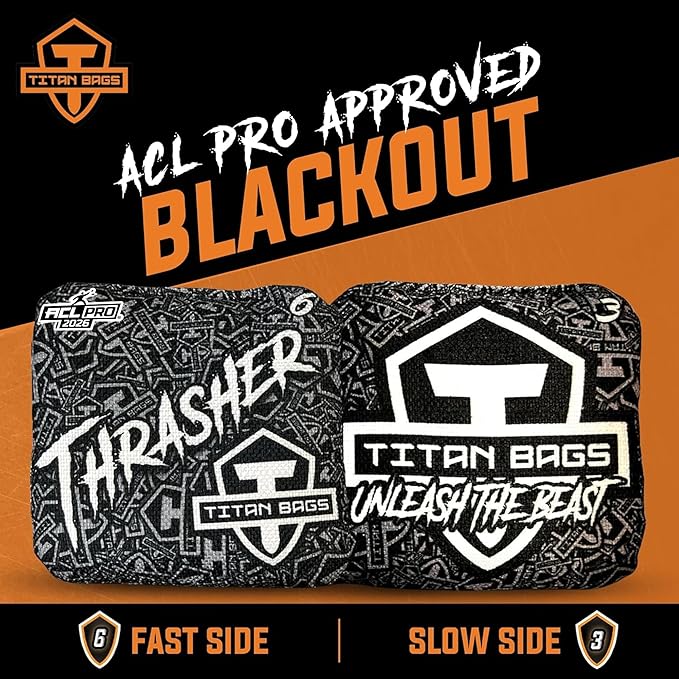 Titan Bags Thrasher Cornhole Bags - 6"x6" ACL PRO Approved Tournament-Grade, Durable Dual-Sided for Precision Shots, All-Weather Power Grip Pellets for Indoor & Outdoor Tossing - Set of 4