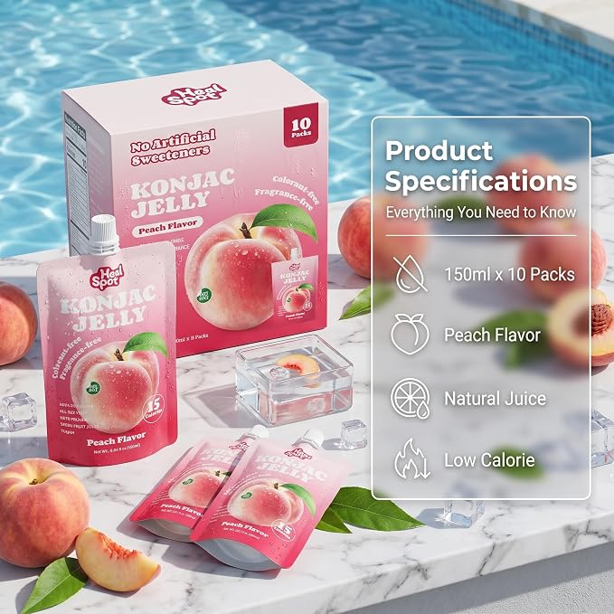 Healspot Real Fruit Juice Snacks Konjac Jelly with Collagen Peptides and Vitamin C, No Artificial Sweetener, Low Calories|Gluten Free|Keto Friendly, Healthy Korean Snacks 10 Pouches Peach Flavor