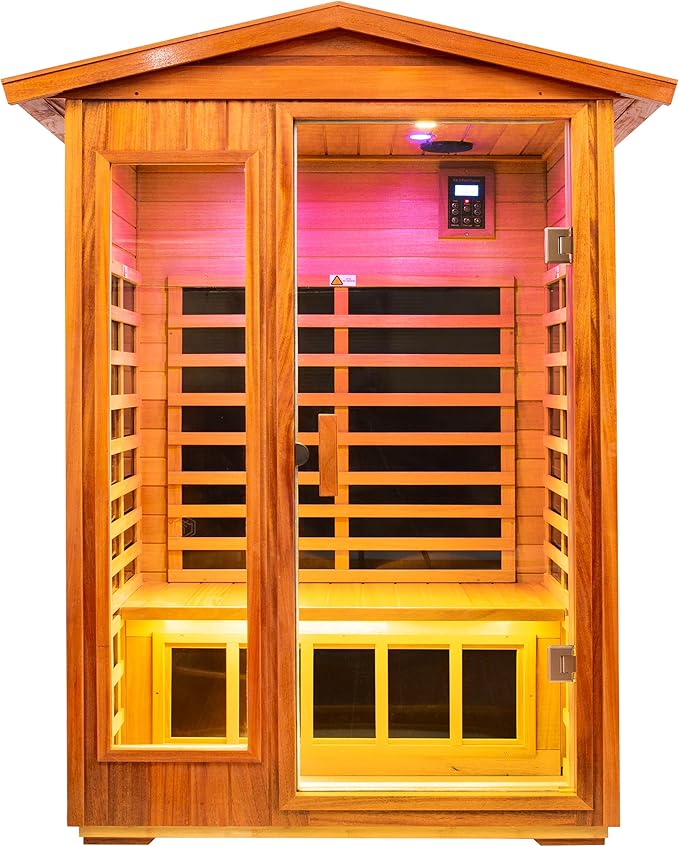 LTCCDSS Ultra-Low EMF Outdoor Sauna 2 Person, Mahogany Far Infrared Sauna for Home, Withstand Outdoor Temp -10℉-149℉| EMF Readings Below 0.5mG, 9 Low EMF Boards-Chromotherapy-Bluetooth Speaker
