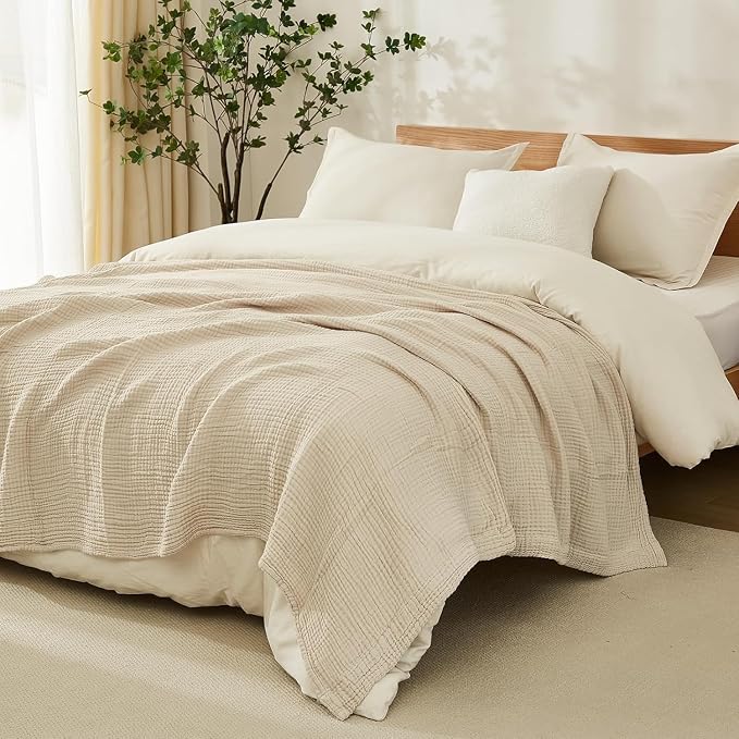 EMME Cotton Blanket Queen Size for Bed Soft Muslin Bed Blankets 90"x90" Beige Lightweight Breathable Bedspread Coverlet All Season Gauze