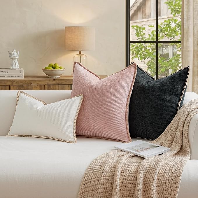 a moment Pack of 2 Decorative Chenille Throw Pillow Covers with Twill Cushion Covers for Sofa Living Room Couch Bed 18x18 Inch,Crafted Border Blush Pink
