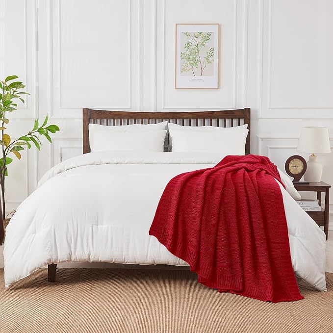 Douceur Christmas Red Throw Blanket for Bed, Soft Cozy Lightweight Stripe Pattern Knitted Throw Blanket for Sofa, Living Room Gift, 50"X60"