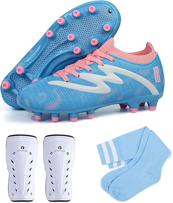 brooman Kids Firm Ground Soccer Cleats Boys Girls Football Shoes with Shin Guards and Soccer Socks