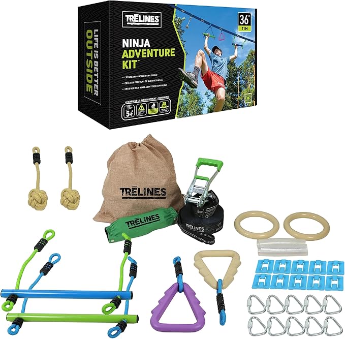 36ft. Ninja Adventure Kit, Slackline Obstacle Course and Outdoor Playground Set - 8 Ninja Warrior Accessories - Monkey Bars for Backyard, Kids Outdoor Play Jungle Gym - Ages 5+ Holds 250lbs