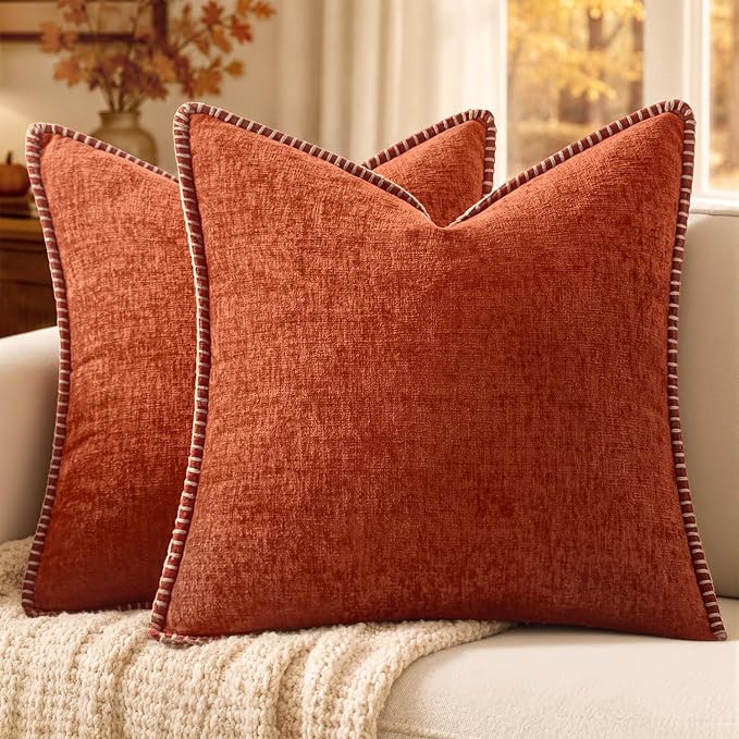 MIULEE Fall Decorative Couch Throw Pillow Covers 18x18 Inch Rust 2 Pack | Terracotta Farmhouse Pillow Covers with Stitched Edge, Soft Chenille Cushion Cases, Sofa Bed Living Room Home Decor