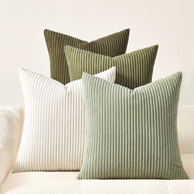 Topfinel Green White Spring Pillow Covers 22x22 Inch Set of 4 Boho Nordic Cushion Covers Soft Corduroy Home Decor for Couch Bed Sofa Living Room
