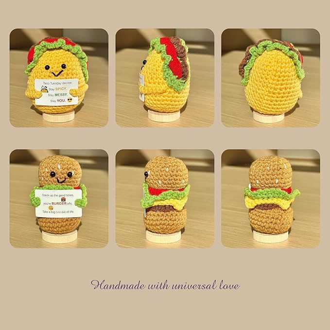 3-PCS | Food Fiesta Crochet Set | Taco Donut Burger Positive Plush | Handmade Emotional Stuffed Figures with Wooden Base & Inspirational Cards | Kitchen Festive Desk Ornaments for Teens Adults