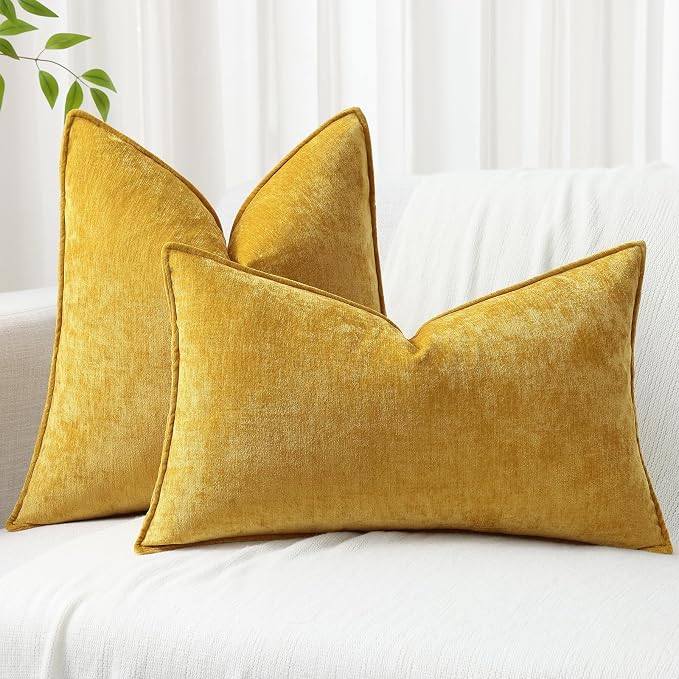 decorUhome Chenille Mineral Yellow Throw Pillow Covers 20x20 Set of 2 | Fall Soft Couch Decorative Modern Velvet Pillow Cases with Elegant Design for Sofa Bed Living Room Home Decor
