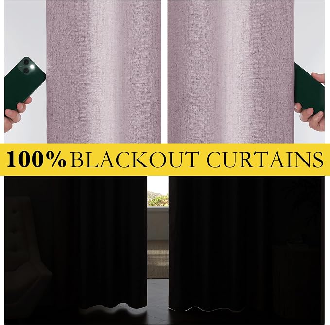 NICETOWN 100% Blackout Curtains for Living Room, 52" Wide Per Panel, Set of 2, Muted Lavender Thermal Insulated Curtains 84" Long, Linen Blend Noise Reducing Window Treatment Drapes for Hall Room