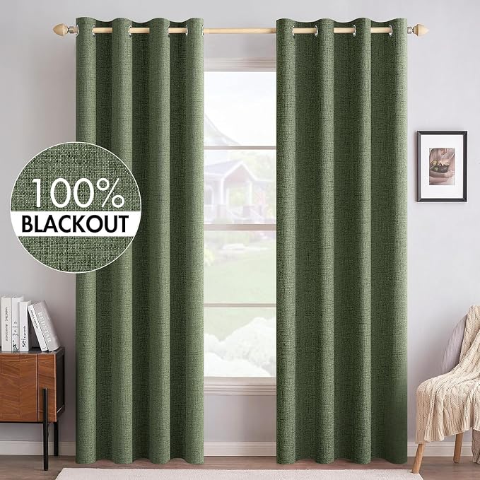 MIULEE 100% Blackout Linen Textured Curtains for Bedroom Solid Thermal Insulated Olive Green Grommet Room Darkening Curtains & Drapes Luxury Decor for Living Room 52 x 90 Inch (2 Panels)