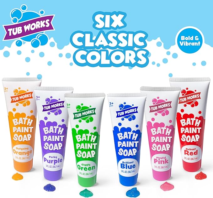 Tub Works® Bath Paint Soap Bath Toy, Classic 6 Pack | Non-Toxic | Washable Bathtub Paint for Finger Painting on Tub Walls | Ideal Toddler Bath Toys for Creative Play | Easy to Clean, Fun Bath Art