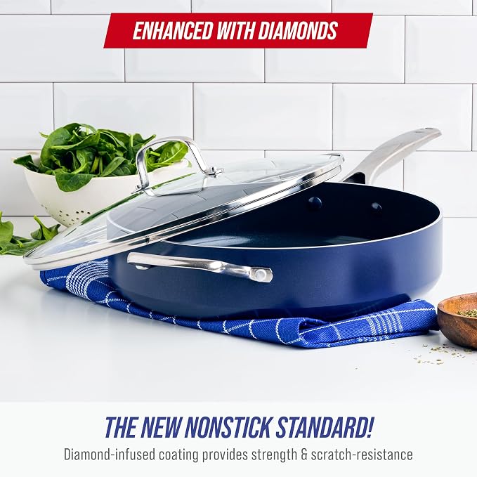 Blue Diamond 5QT Diamond Infused Ceramic Nonstick Sauté Pan with Lid, Blue | PFAS-Free Ceramic Nonstick Jumbo Cooker Skillet, Dishwasher & Oven Safe, Durable Metal Utensil Safe, Soups, Glass Lid