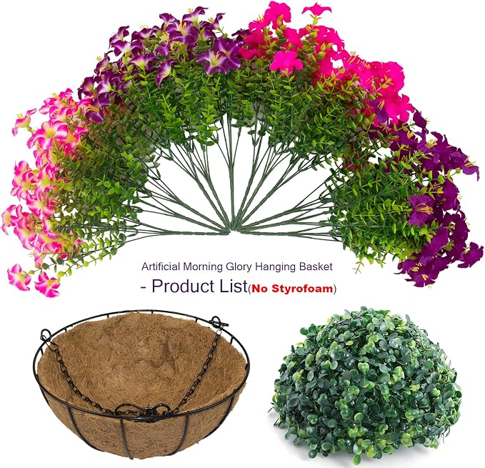 2 Set Artificial Outdoor Petunias Flowers with Hanging Baskets, 24 Pcs UV Resistant Faux Petunias Flowers with Hanging Planter for Front Door Porch Spring Outside Decor (2, RoseRed,RedViolet)