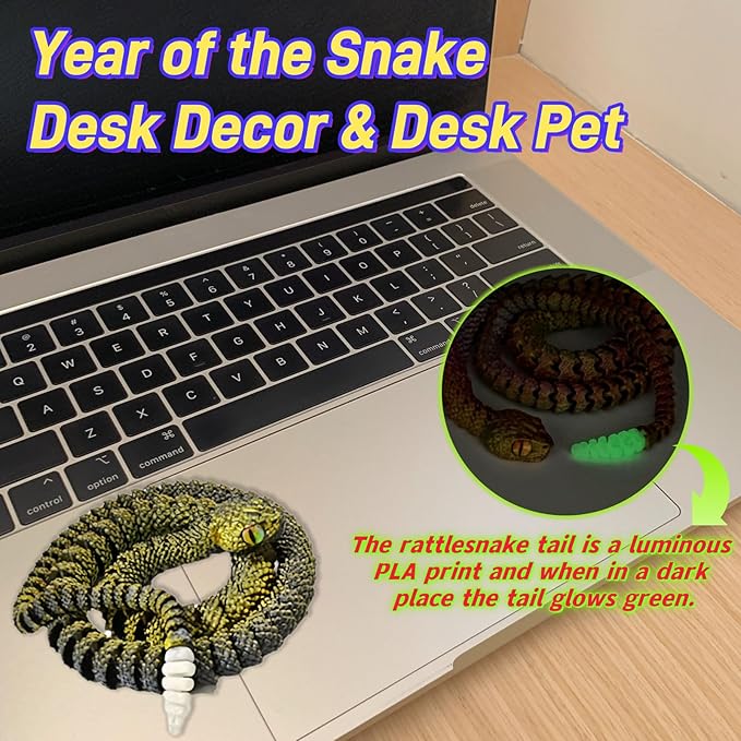 23" 3D Printed Snake with Egg - Flexible Snake with Luminous Tail, 3D Fake Snake Fidget Toys for Autism/ADHD, 3D Printed Animals Snake Toy for Kids & Adults (BlackGolden)
