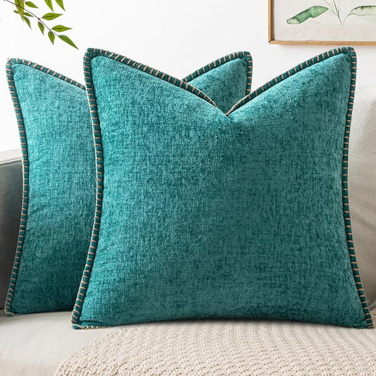 MIULEE Decorative Couch Throw Pillow Covers 20x20 Inch Teal 2 Pack | Farmhouse Pillow Covers with Stitched Edge, Soft Chenille Cushion Cases, for Sofa Bed Living Room Home Decor