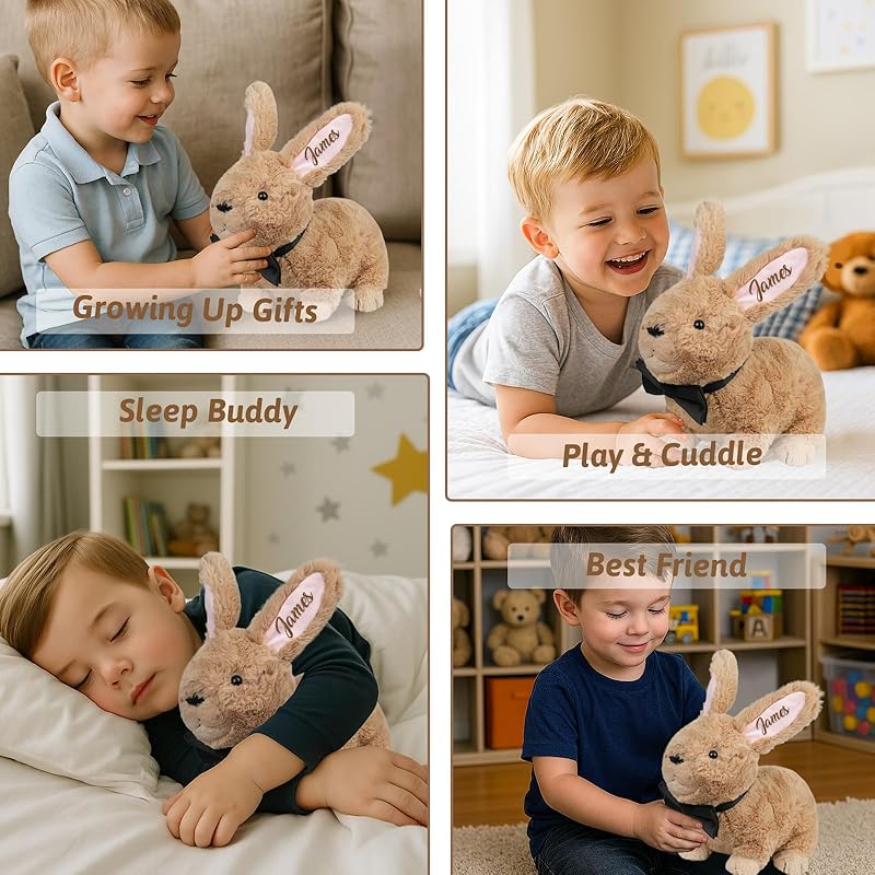 Custom Bunny Plush Embroidered Name, Realistic Bunny Stuffed Animal, Personalised Brown Rabbit for Baby Birthday Easter Gift for Girls Toddlers Kids(1 ear)