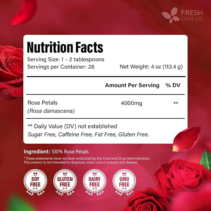 FreshDrinkUS, Premium 8oz Dried Rose Petals, 100% Natural & Pure, Herbal Tea, Daily Infusion Botanical, No Sugar, No Caffeine, No Gluten, Vegan. Rich in Antioxidants.