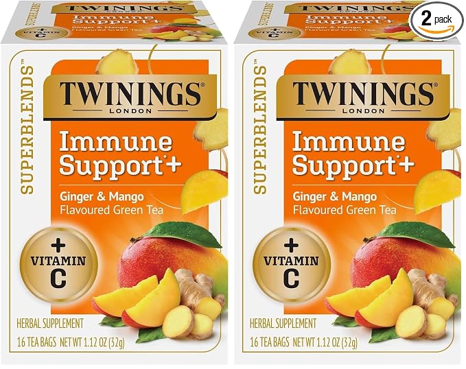 Twinings Superblends Immune Support+ Herbal Tea with Vitamin C, Ginger & Mango Flavoured Green Tea, 16 Tea Bags (Pack of 2), Enjoy Hot or Iced
