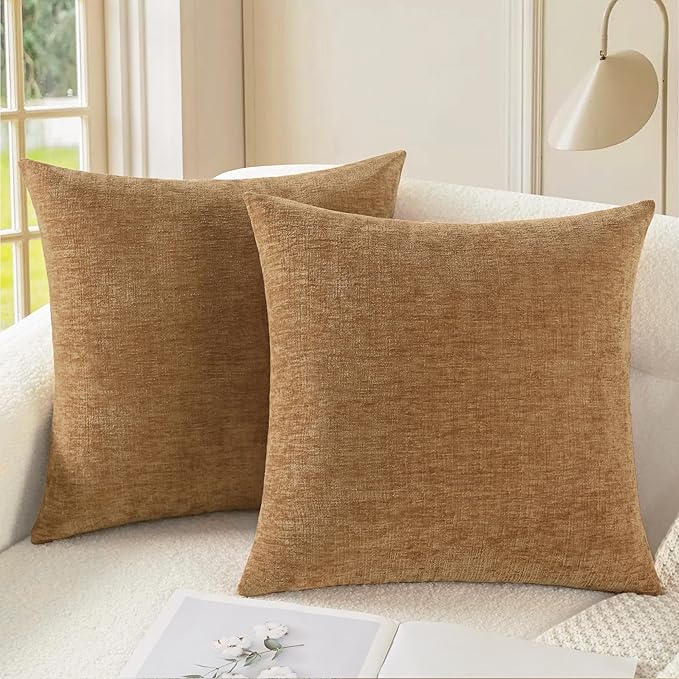 CaliTime Decorative Couch Throw Pillow Covers 26 X 26 Inches Apricot Brown | Pack of 2, Cozy Chenille Cushion Cases for Sofa Bed Living Room Farmhouse Home