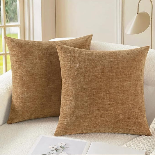 CaliTime Decorative Couch Throw Pillow Covers 18 X 18 Inches Apricot Brown | Pack of 2, Cozy Chenille Cushion Cases for Sofa Bed Living Room Farmhouse Home