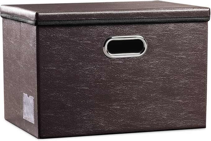 Large Collapsible Storage Bin with Lid [1-Pack] Leather Fabric Foldable Storage Box Organizer Containes Basket Cube with Cover for Home Bedroom Closet Office Nursery Brown (17.7x11.8x11.8)