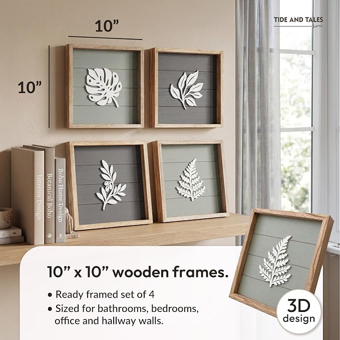 Tide and Tales Leaves of Meaning 3D Botanical Wall Art (Set of 4) Framed Boho Wall Art for Living Room, Bedroom & Bathroom, House Warming Gifts for New Home, Leaf Farmhouse Home Decor 10"x10"