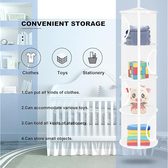 Toy Net Hammock for Stuffed Animals Net, Foldable Toy Storage Organizer 4 Compartments Net for Stuffed Animals Corner for Boys, Girls, Gloves, Hats, Socks（white）