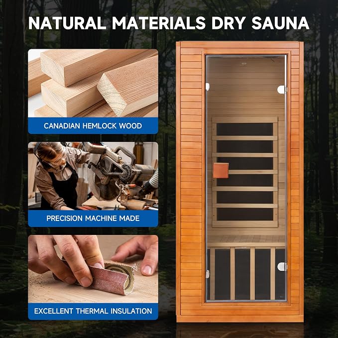Full Spectrum Infrared Sauna, 1 Person Home Infrared Sauna with Red Light Therapy, Indoor Canadian Hemlock Wood Dry Saunas Room,1178w/120v, Foot Warmer, 7 Heating Panels, Bluetooth Speakers