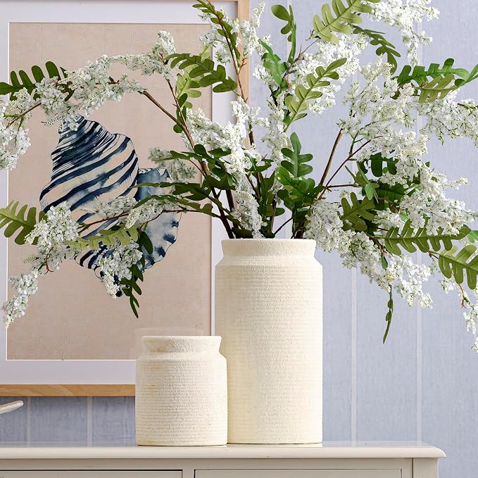 Dobbyby Ceramic Flower Vase 12 inch Farmhouse Rustic Vase for Home Decor Handcrafted Pottery Tall Terracotta Vases for Dining Table Decor Fireplace Living Room Bathroom Wedding Centerpiece (L-White)