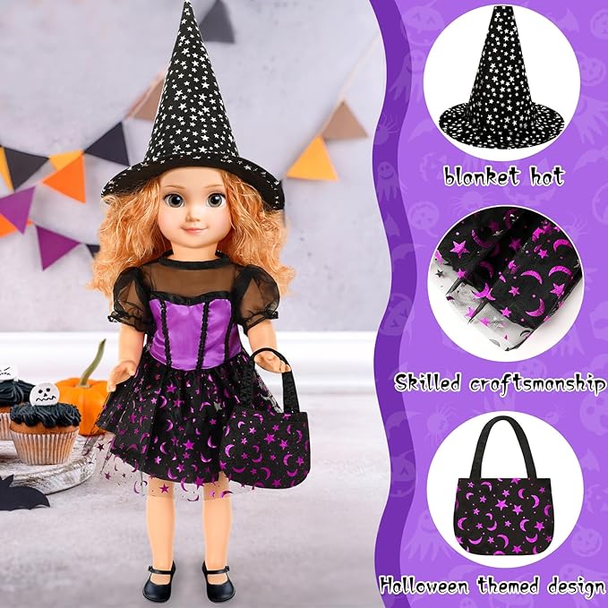 18 Inch Doll Clothes Accessories, Halloween Witch Costume Candy Corn Suit Set with Witch Hat Candy Bag for Doll Halloween Costumes Gifts