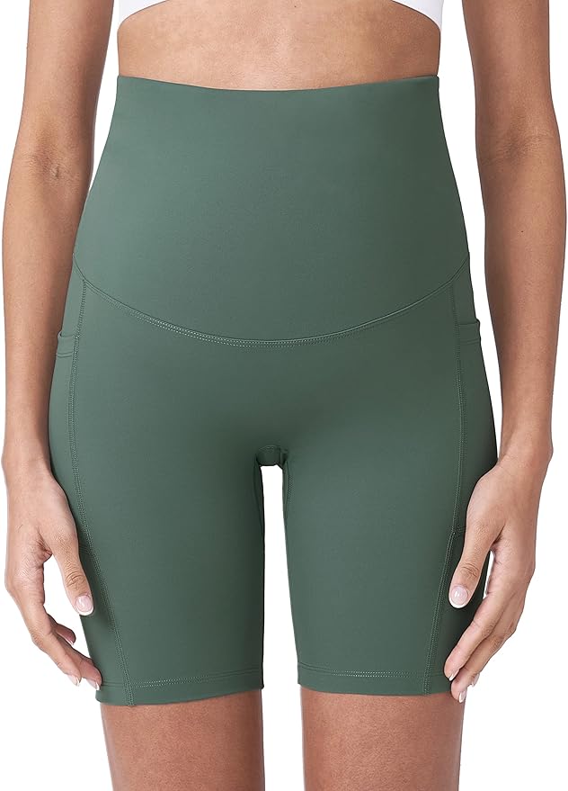 POSHDIVAH Women's Maternity Yoga Shorts Over The Belly Bump Summer Workout Running Active Short Pants with Pockets 5"/8"
