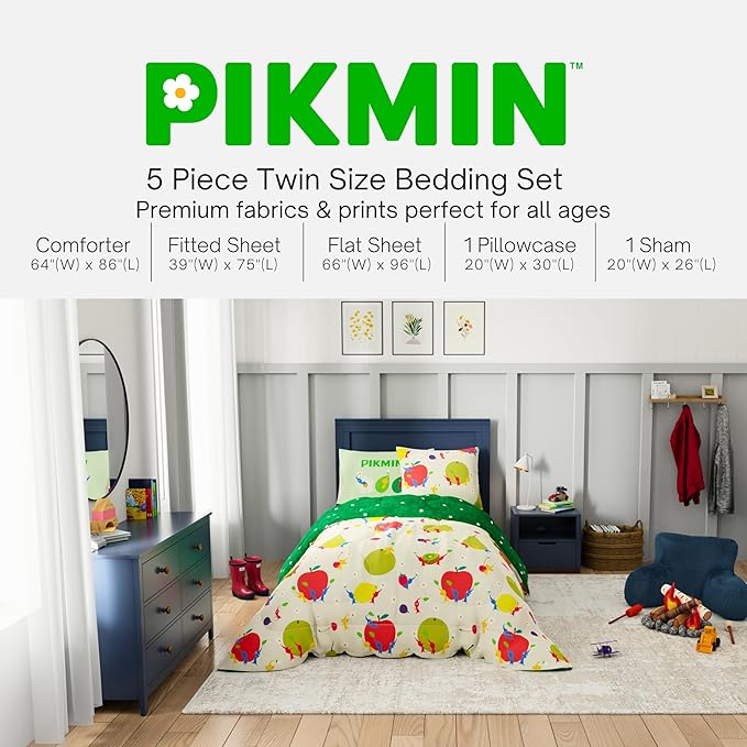 Nintendo Pikmin Video Game Kids Bedding Set, Twin Size 5 Piece Reversible Comforter and Sheet Set with Sham, (Officially Licensed Product) by Franco