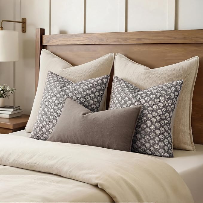 MIULEE Floral Print Decorative Euro Pillow Covers 22x22, Stone Grey | Vintage Boho Farmhouse Modern Home Decor, Set of 2, Block Print Cushion Covers for Couch Sofa Bed Living Room
