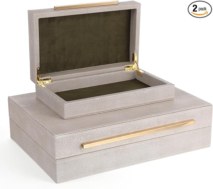 Set of 2 Beige Shagreen Decorative Storage Boxes with Lids PU Memory Boxes | 13.8/9.8inch PU Leather Large Nesting Organizer Bins with Gold Handles for Keepsakes, Photos, Modern Home Decor