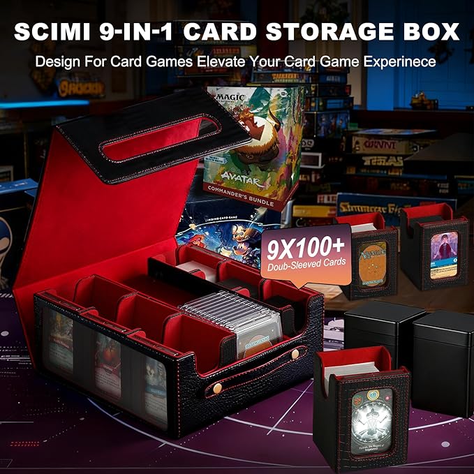 9IN1 MTG Deck Box with Handle, Fits 1000 Trading Cards or 8 Commander Decks, Premium Black Red Leather TCG Storage Case with 8 Removable Trays and 10 Dividers, Compatible with Magic, Yu-Gi-Oh!